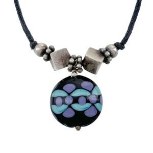 Vintage Sterling Silver 925 Blue Black Glass Pendant Corded Necklace 16"